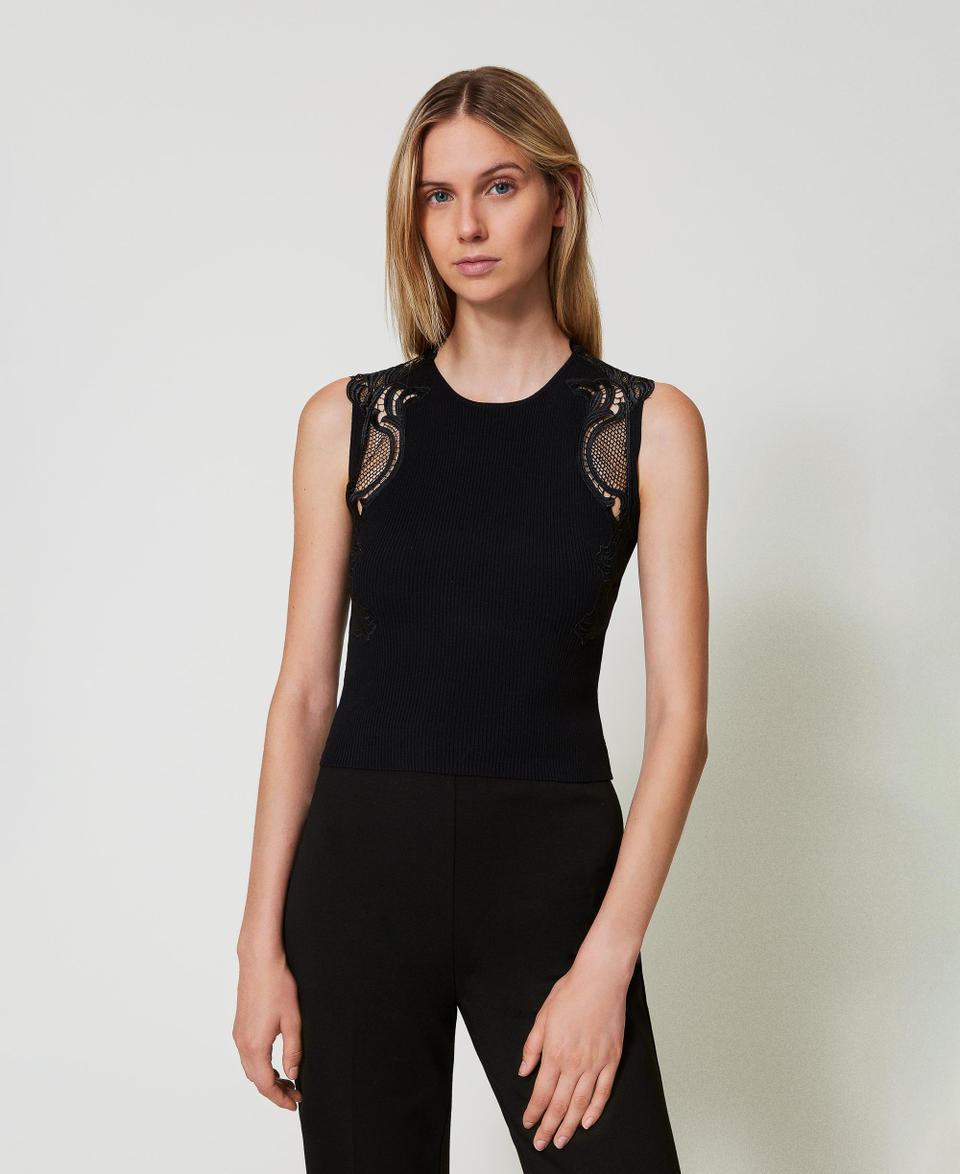 Twin Set Top In Maglia Con Pizzo