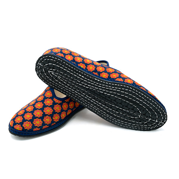 Ulturale Furlane Blu Con Pattern Floreale Rosso E Bordo Blu In 100% Velluto Di Cotone - Ulturale