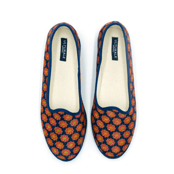 Ulturale Furlane Blu Con Pattern Floreale Rosso E Bordo Blu In 100% Velluto Di Cotone - Ulturale