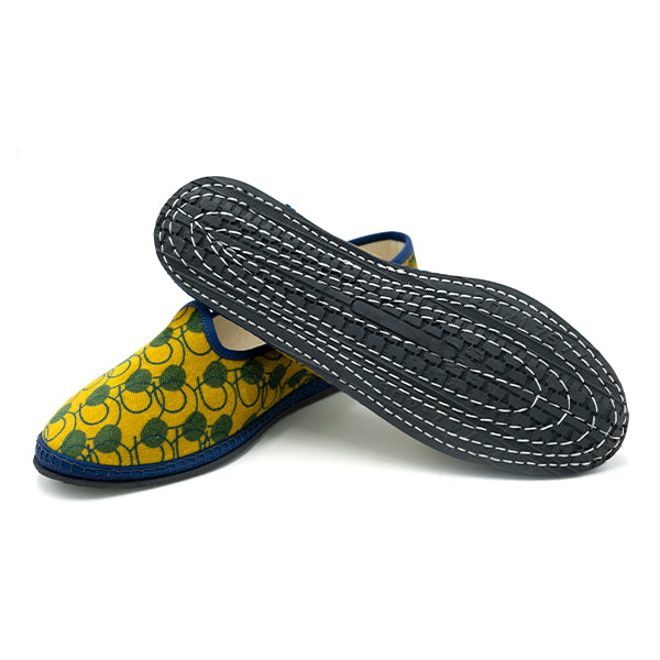 Ulturale Furlane Con Pattern Astratto Giallo E Verde E Bordo Blu In 100% Velluto Di Cotone - Ulturale