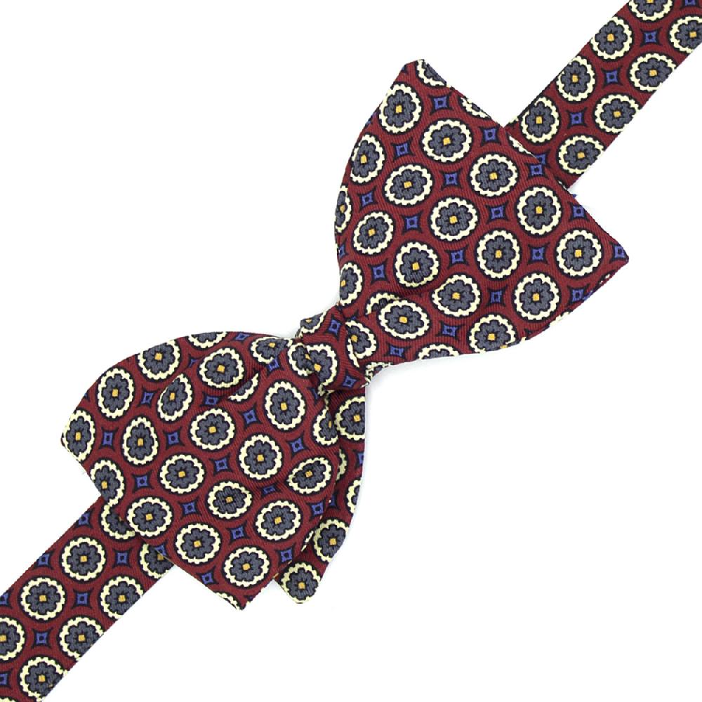 Ulturale Papillon bordeaux con fiori grigi puntini gialli e quadratini azzurri in 100% seta - Ulturale