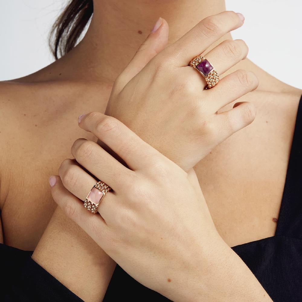 Unoaerre Anello In Argento Dorato Rosa Con Quarzo Rosa | UNOAERRE Gioielli