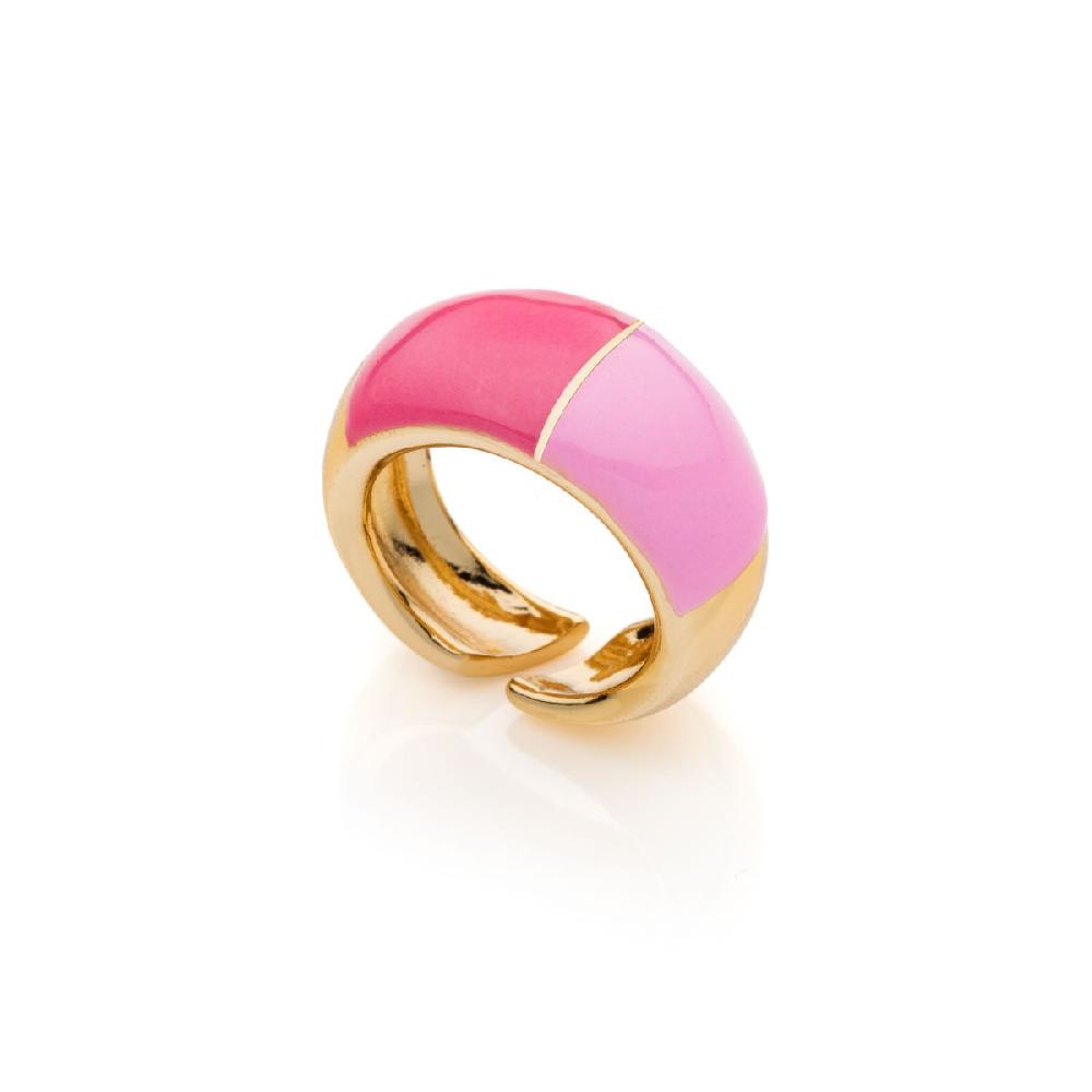 Unoaerre Anello in bronzo dorato con design bombato e smalto fucsia e rosa. | UNOAERRE Gioielli