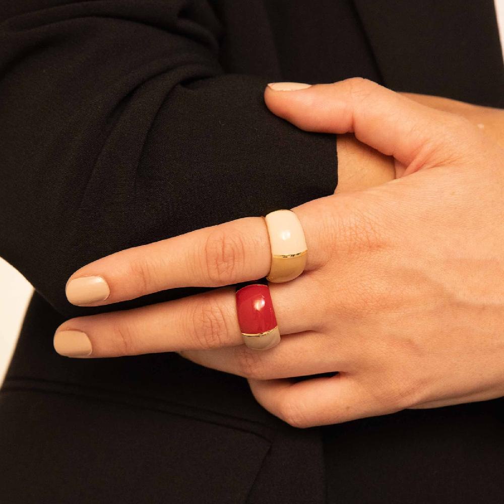 Unoaerre Anello In Bronzo Dorato Con Design Bombato E Smalto Osso Bordeaux E Beige. | UNOAERRE Gioielli