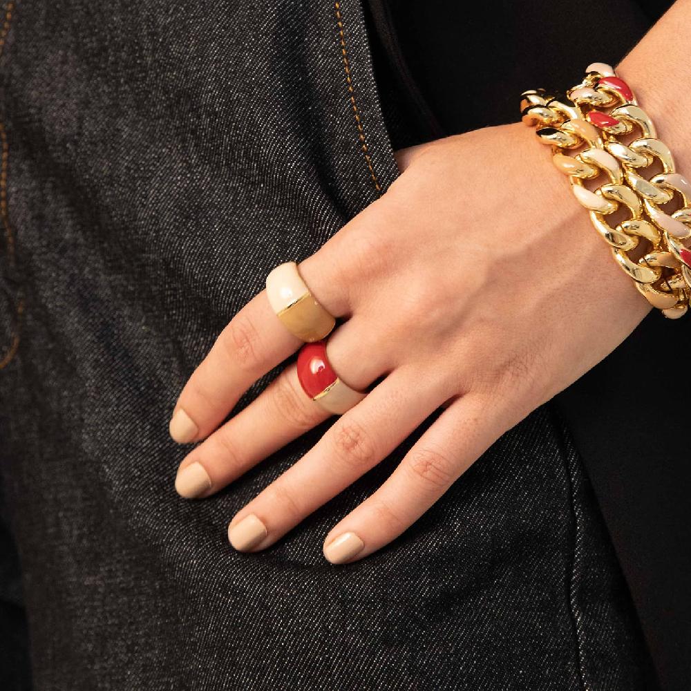 Unoaerre Anello In Bronzo Dorato Con Design Bombato E Smalto Osso Bordeaux E Beige. | UNOAERRE Gioielli