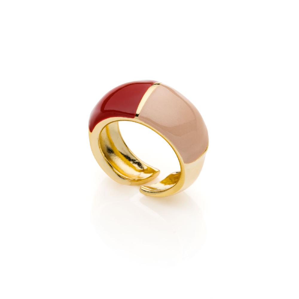Unoaerre Anello in bronzo dorato con design bombato e smalto osso bordeaux e beige. | UNOAERRE Gioielli