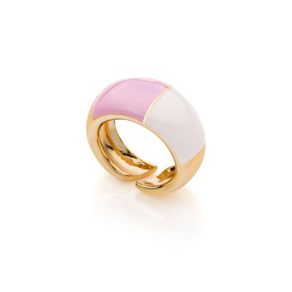 Unoaerre Anello in bronzo dorato con design bombato e smalto rosa e bianco. | UNOAERRE Gioielli
