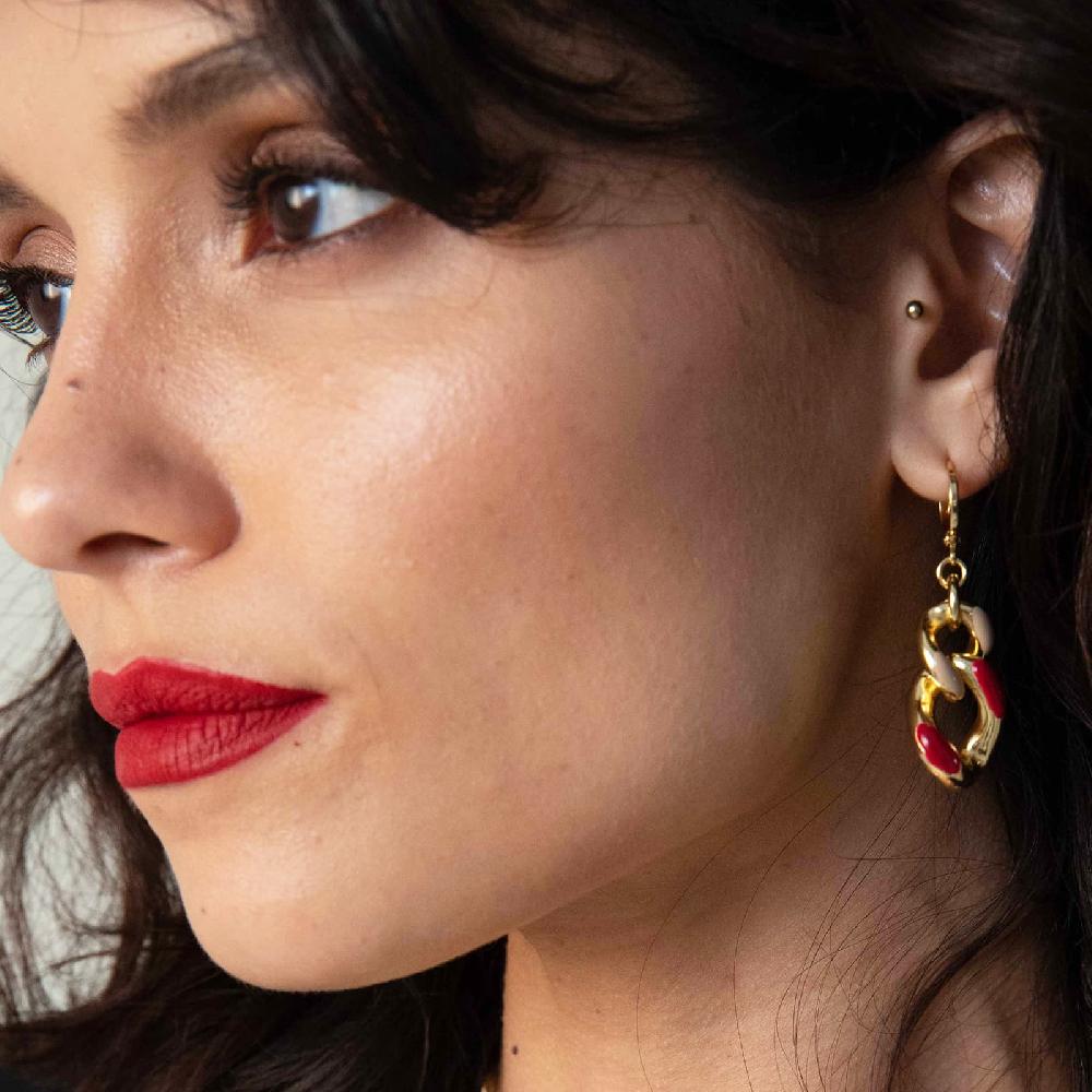 Unoaerre Orecchini Catena Grumetta Smalto Rosso Bordeaux E Beige. | UNOAERRE Gioielli