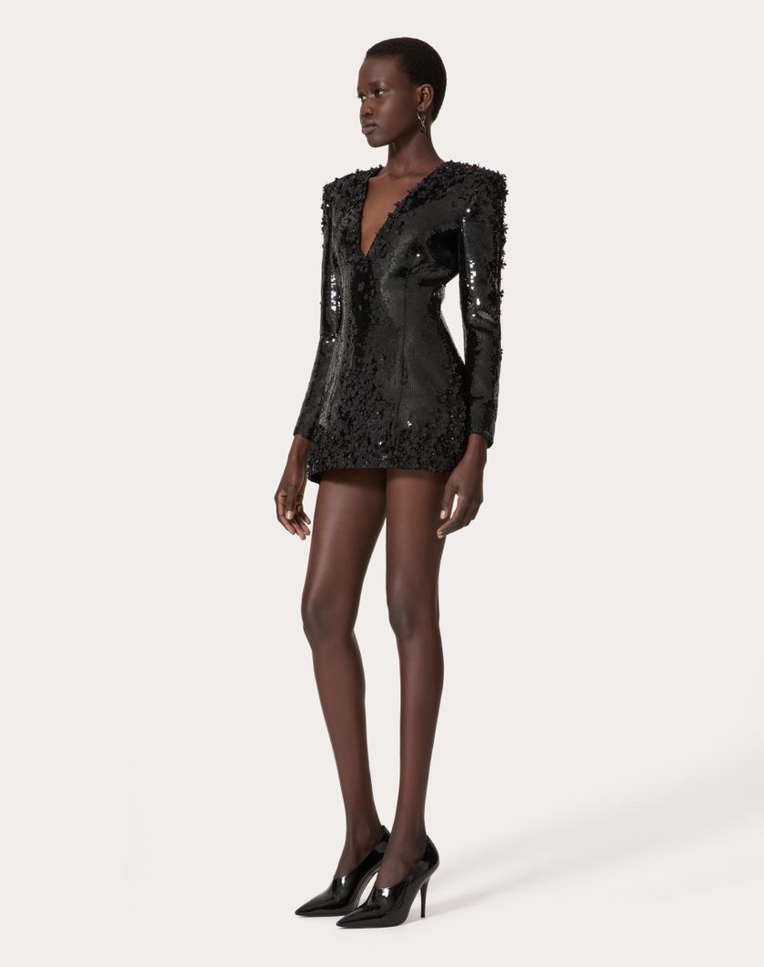 Valentino Handbags Abito Corto In Crepe Couture Ricamato Per Donna In Nero | Valentino IT