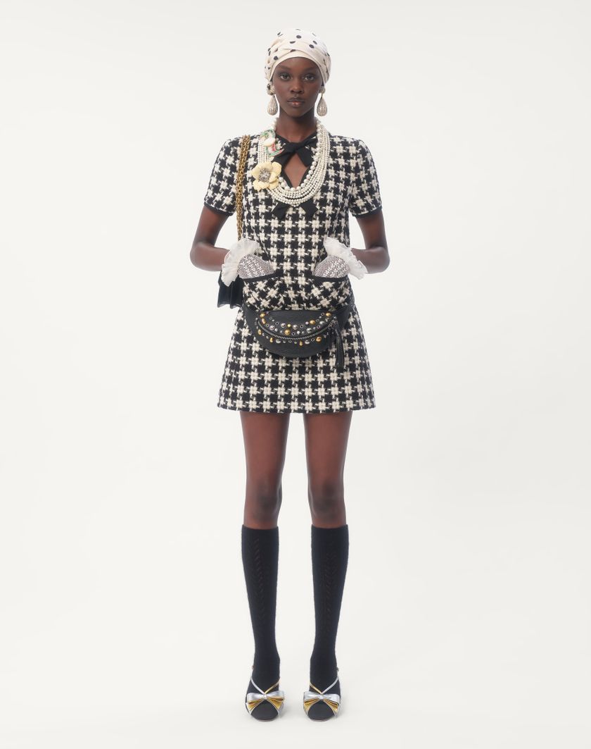 Valentino Handbags Abito Corto In Damier Light Tweed Per Donna In Avorio/nero | Valentino IT