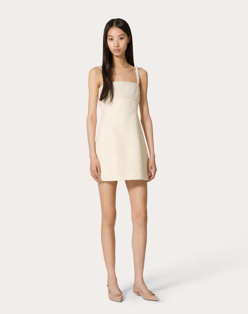 Valentino Handbags Abito Corto In Delicate Tweed Ricamato Per Donna In Naturale/bianco | Valentino IT