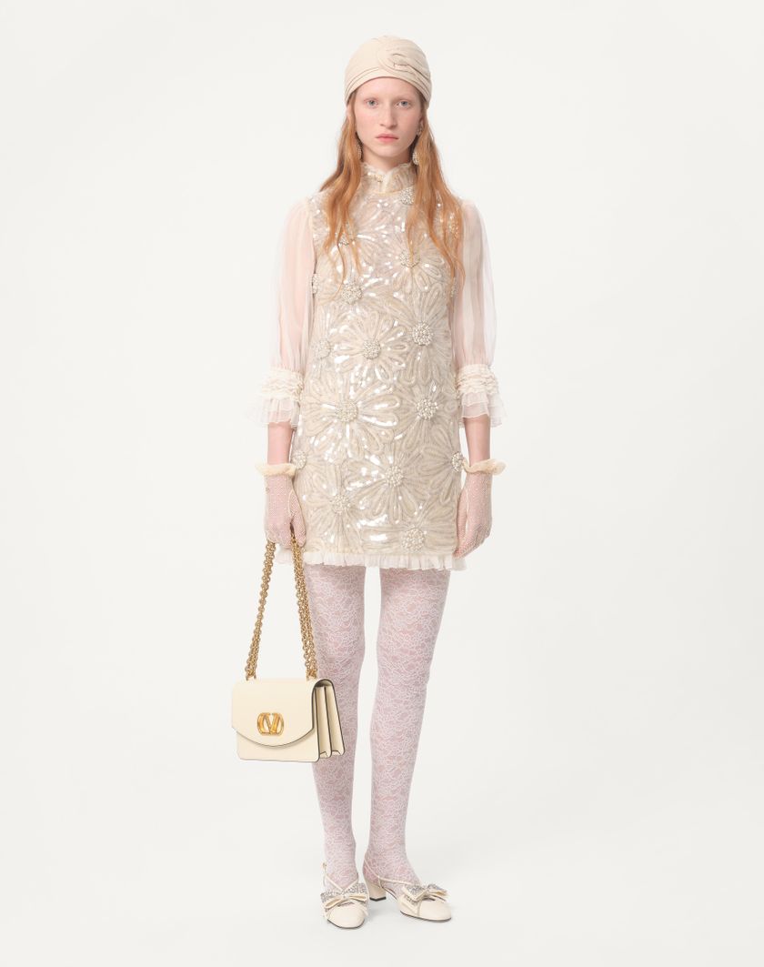 Valentino Handbags Abito Corto In Organza Ricamato Per Donna In Grigio Perla | Valentino IT