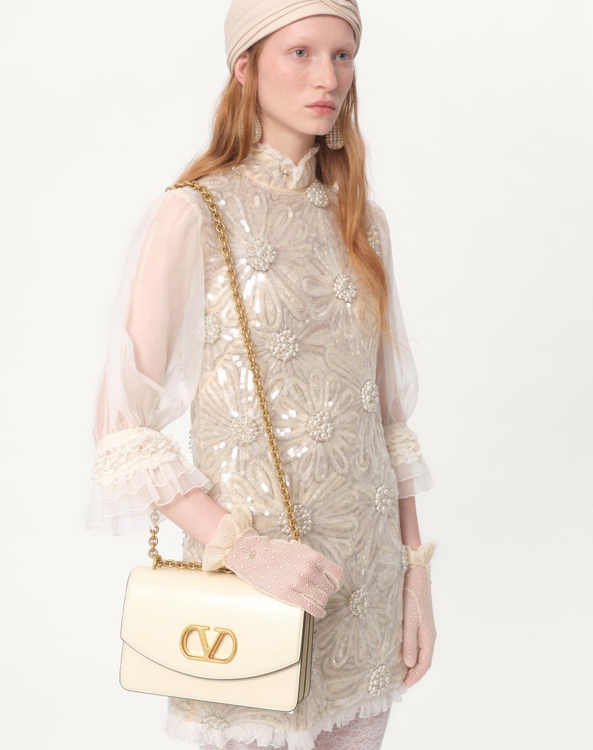 Valentino Handbags Abito Corto In Organza Ricamato Per Donna In Grigio Perla | Valentino IT