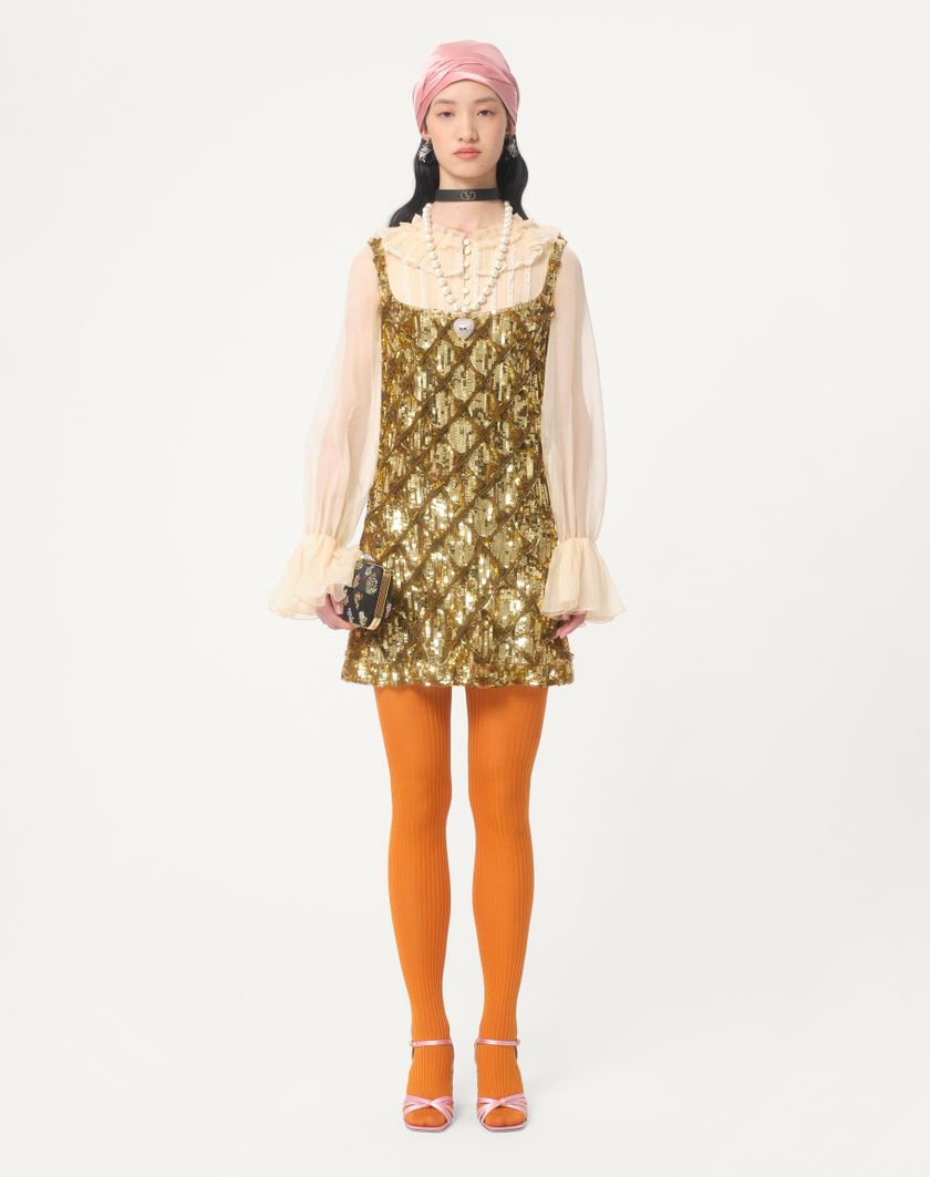 Valentino Handbags Abito Corto In Tulle Illusione Ricamato Per Donna In Avorio/oro | Valentino IT