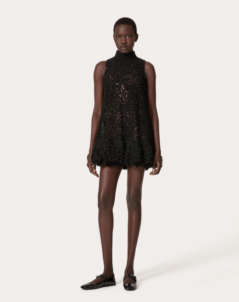 Valentino Handbags Abito Corto In Tulle Illusione Ricamato Per Donna In Nero | Valentino IT