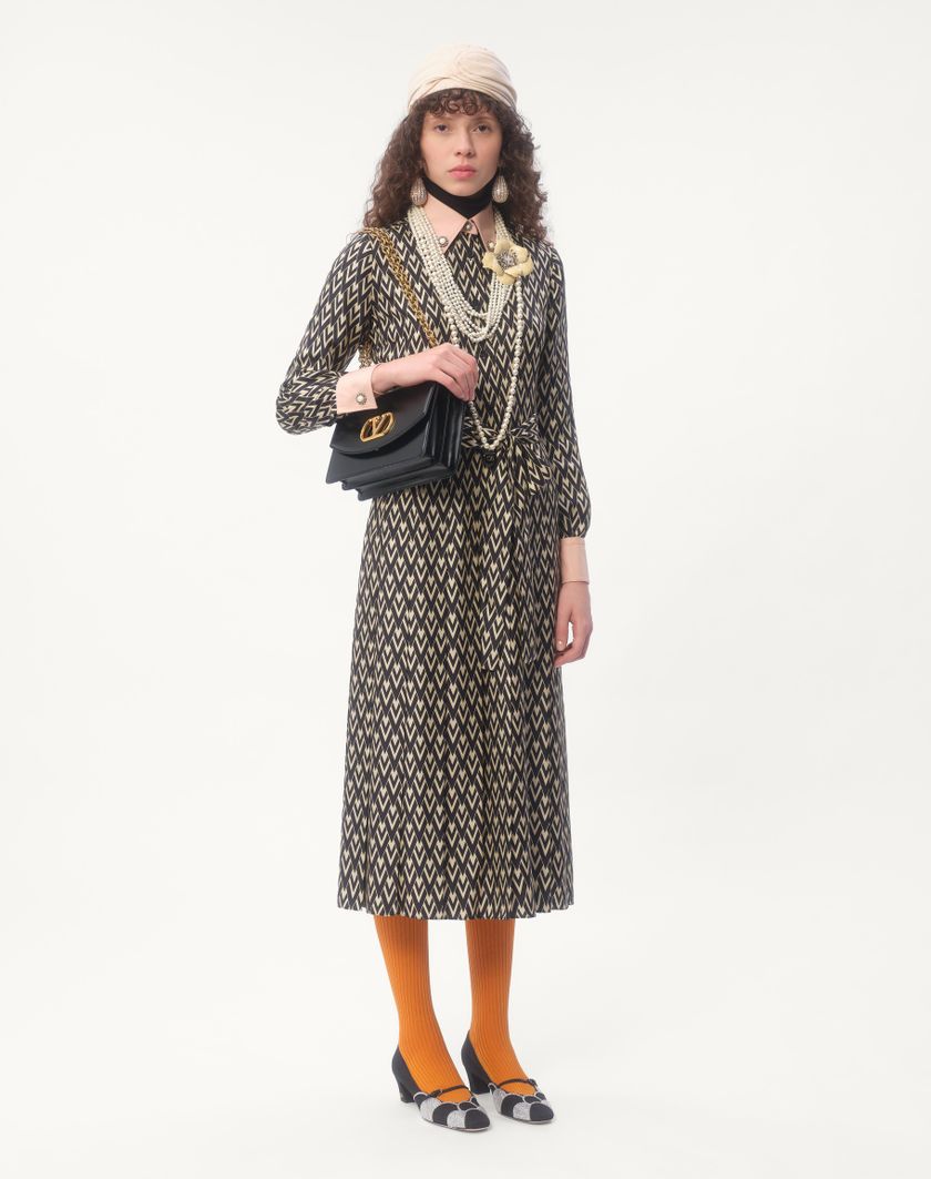 Valentino Handbags Abito Midi In Twill Toute La V Per Donna In Nero/avorio | Valentino IT