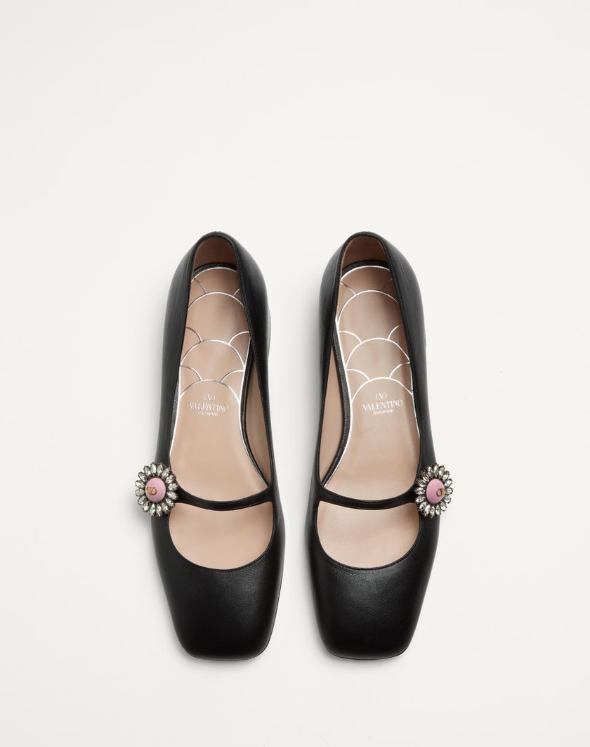 Valentino Handbags Ballerina Mary-jane Preshoes In Capretto Con Bottone Gioiello 20mm Per Donna In Nero/rosa | Valentino IT