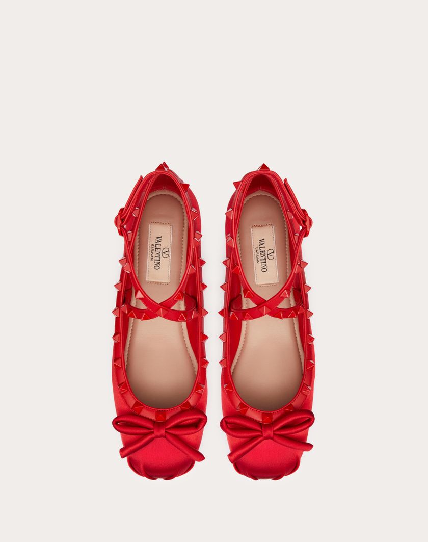 Valentino Handbags Ballerina Rockstud In Raso E Borchie In Tono Per Donna In Rouge Pur | Valentino IT