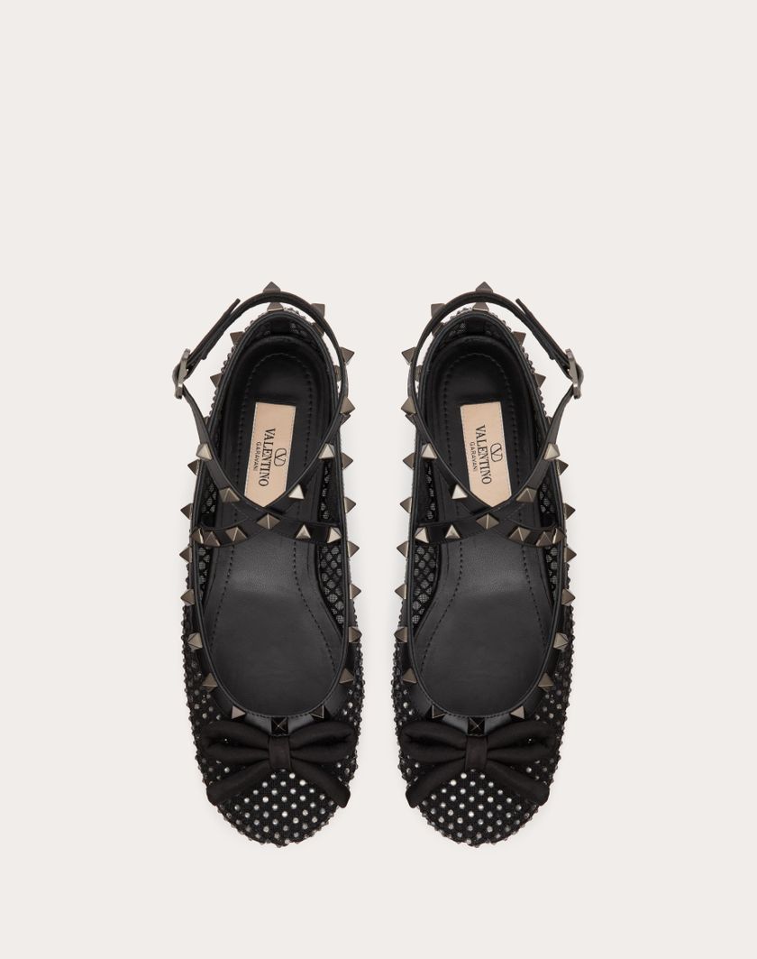 Valentino Handbags Ballerina Rockstud In Rete Con Cristalli E Borchie In Tono Per Donna In Nero | Valentino IT