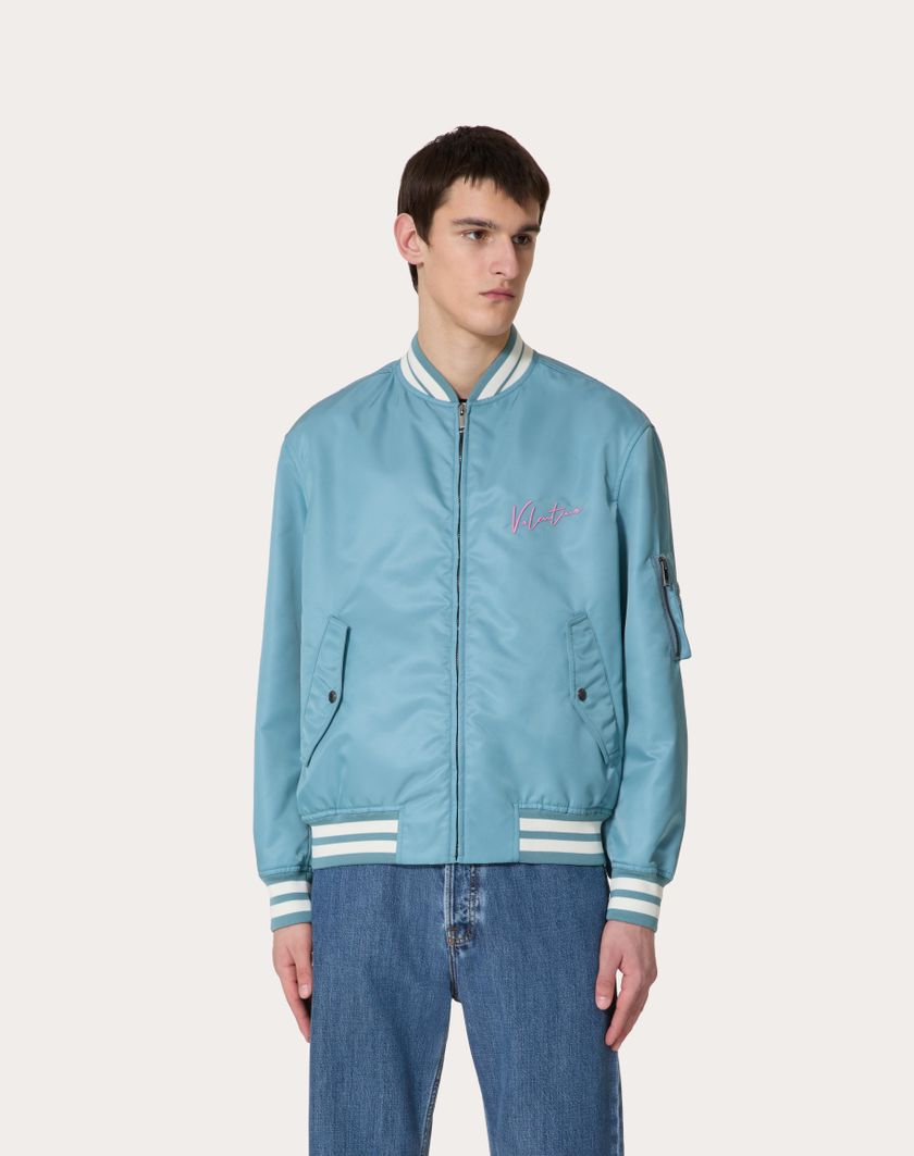 Valentino Handbags Bomber In Nylon Con Ricami Valentino E Stampa Vlogo Signature Per Uomo In Stone | Valentino IT
