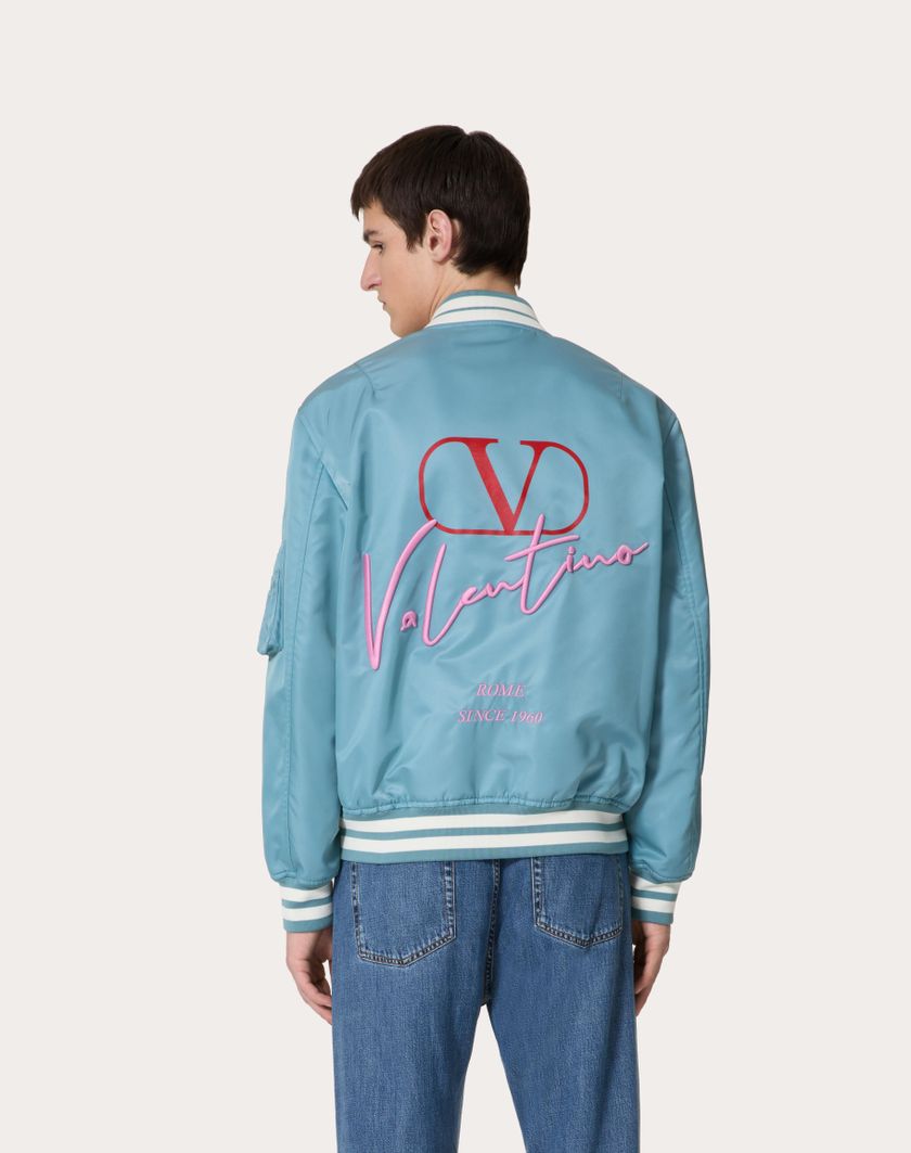 Valentino Handbags Bomber In Nylon Con Ricami Valentino E Stampa Vlogo Signature Per Uomo In Stone | Valentino IT