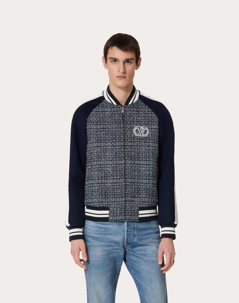 Valentino Handbags Bomber In Tweed Di Cotone E Viscosa Con Patch Vlogo Signature Per Uomo In Bianco/navy | Valentino IT