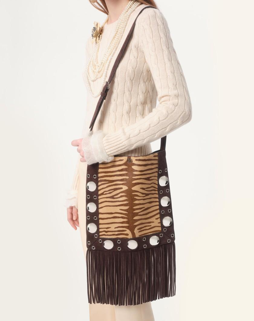 Valentino Handbags Borsa A Spalla Valentino Garavani Nellcôte In Vitello Effetto Pony Animalier Con Frange Per Donna In Beige/marrone | Valentino IT