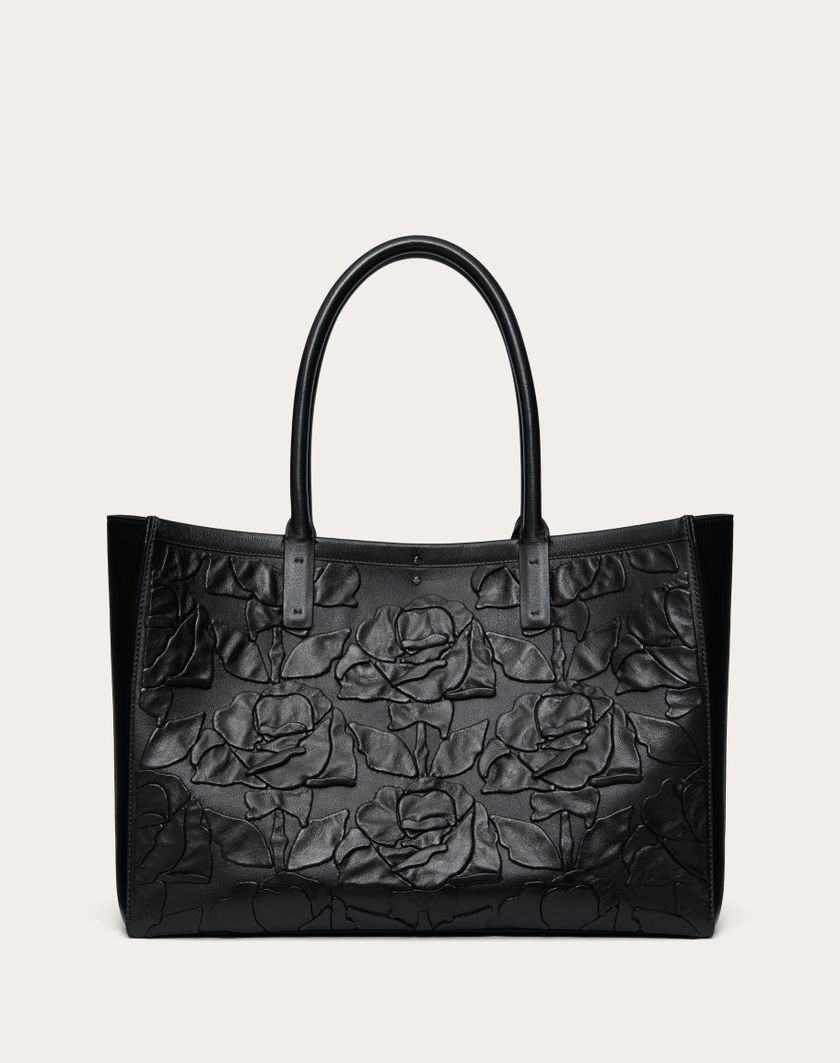 Valentino Handbags Borsa Shopping Media Vlogo Locker Tote In Pelle Con Rose Ricamate Per Donna In Nero | Valentino IT