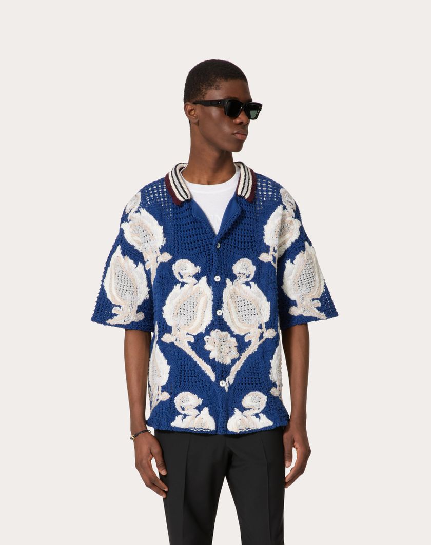 Valentino Handbags Camicia Da Bowling In Cotone Con Motivo Metamorphos Tulips Per Uomo In Indaco/grigio Perla | Valentino IT