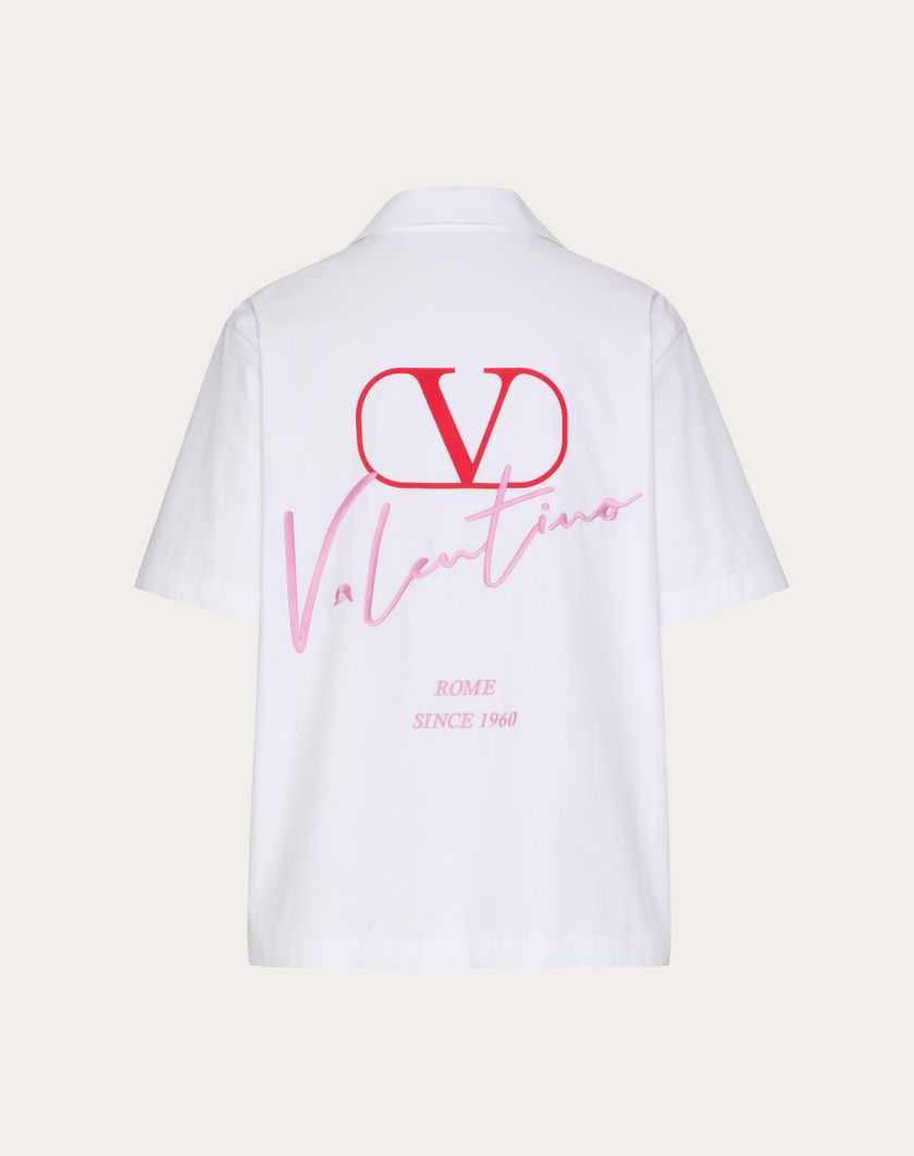 Valentino Handbags Camicia Da Bowling In Cotone Con Ricamo Valentino E Stampa Vlogo Signature Per Uomo In Bianco | Valentino IT