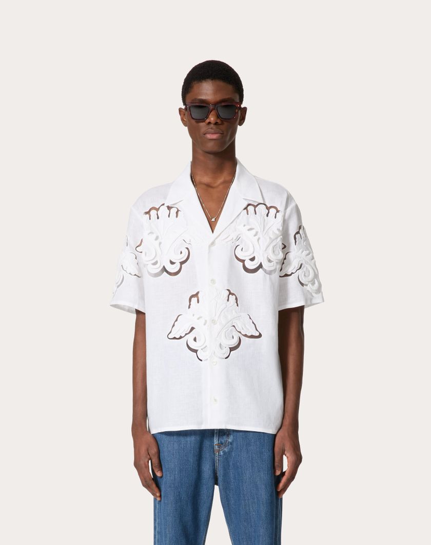 Valentino Handbags Camicia Da Bowling In Lino Con Ricami Altorilievo Per Uomo In Bianco | Valentino IT