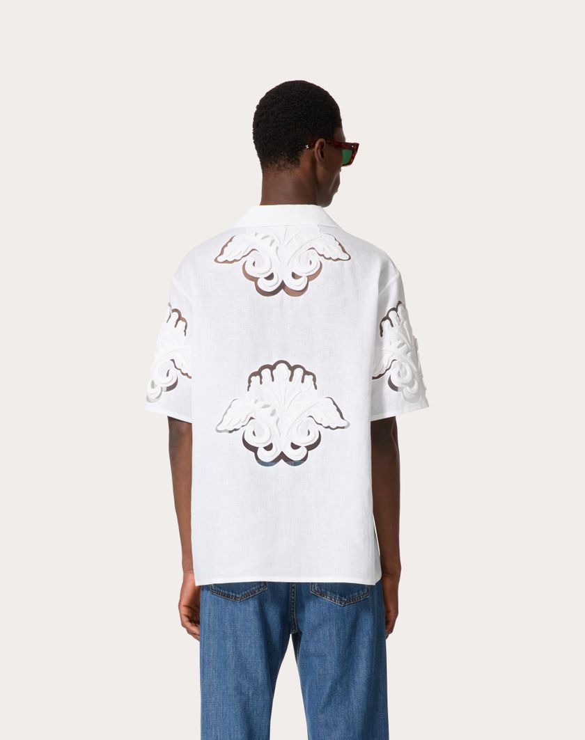 Valentino Handbags Camicia Da Bowling In Lino Con Ricami Altorilievo Per Uomo In Bianco | Valentino IT