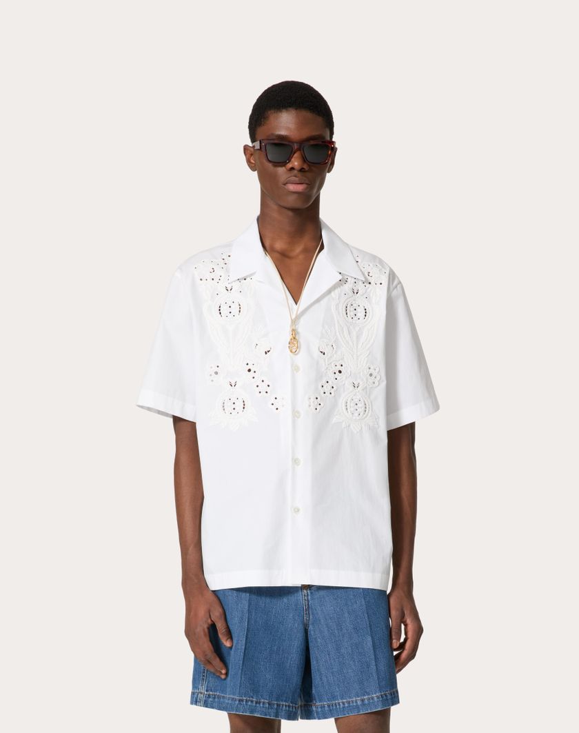 Valentino Handbags Camicia Da Bowling In Popeline Di Cotone Con Ricamo Melograno Per Uomo In Bianco | Valentino IT