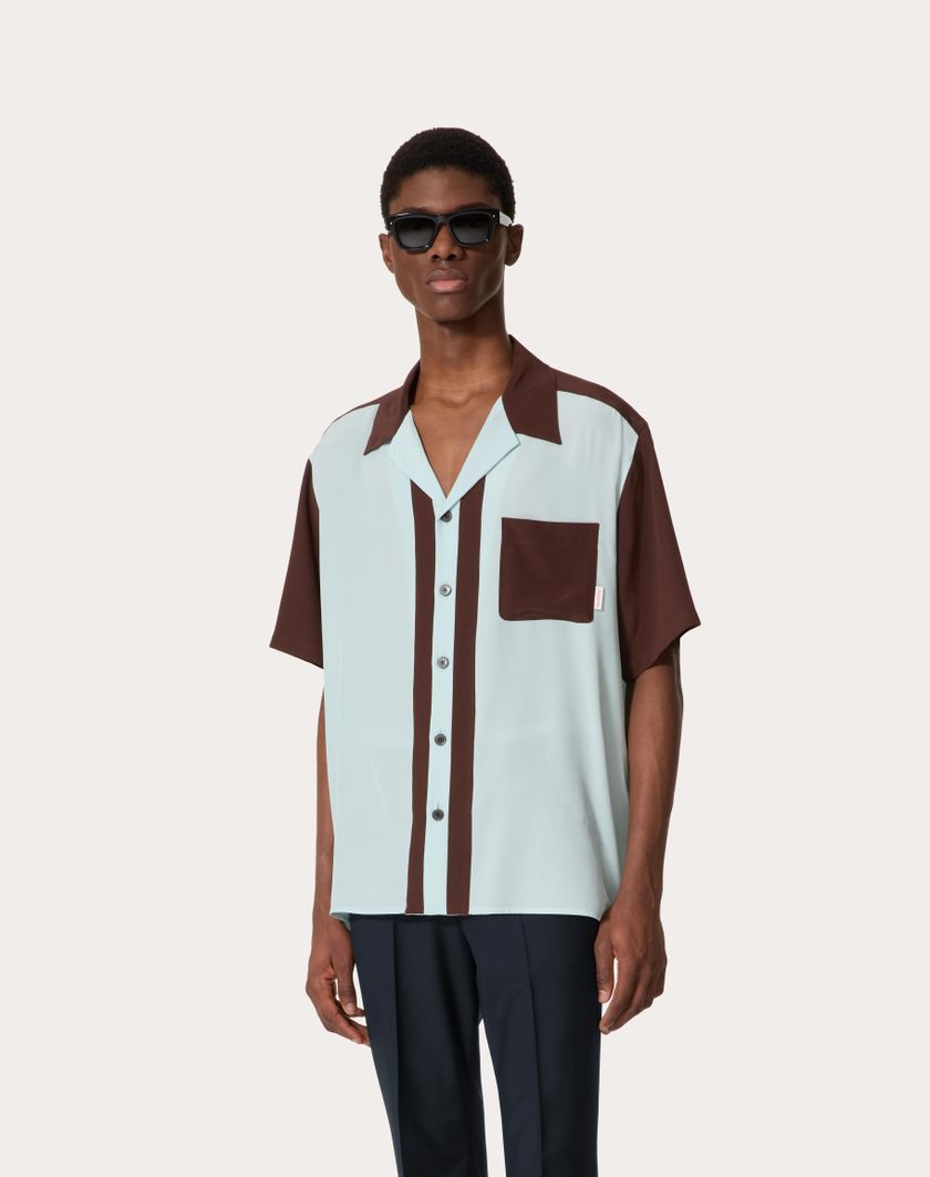 Valentino Handbags Camicia Da Bowling In Seta Per Uomo In Ebano/azzurro | Valentino IT