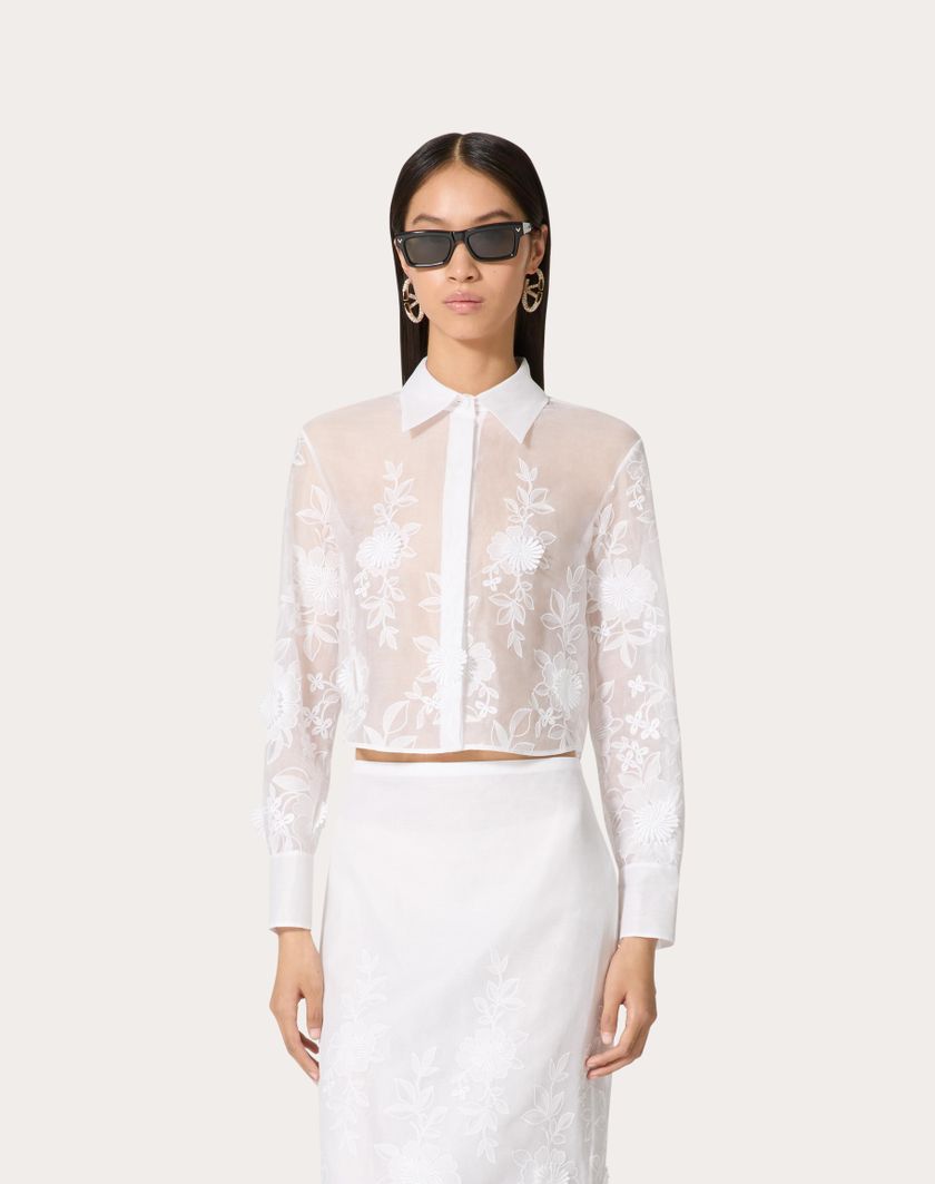 Valentino Handbags Camicia In Camellia Organdis Per Donna In Avorio | Valentino IT