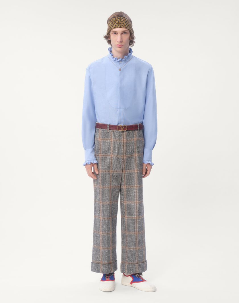 Valentino Handbags Camicia In Cotone Con Plastron E Rouches Per Uomo In Celeste | Valentino IT