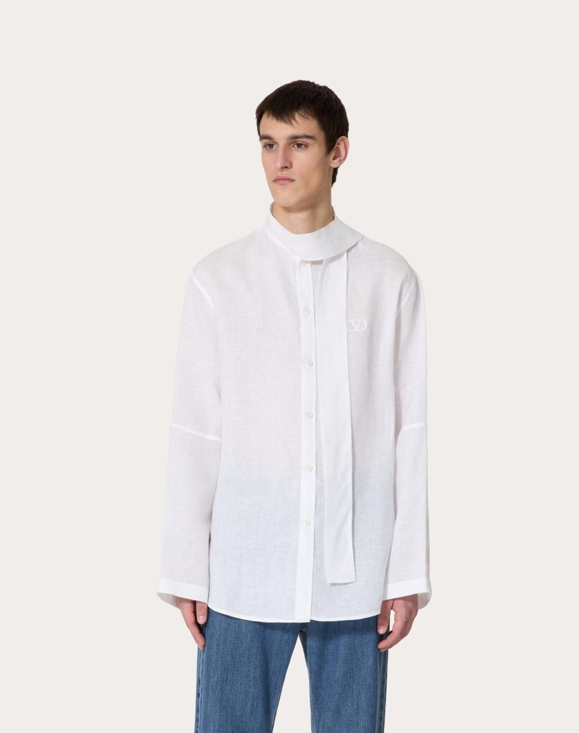 Valentino Handbags Camicia In Lino Con Collo A Sciarpa E Ricamo Vlogo Signature Per Uomo In Bianco | Valentino IT