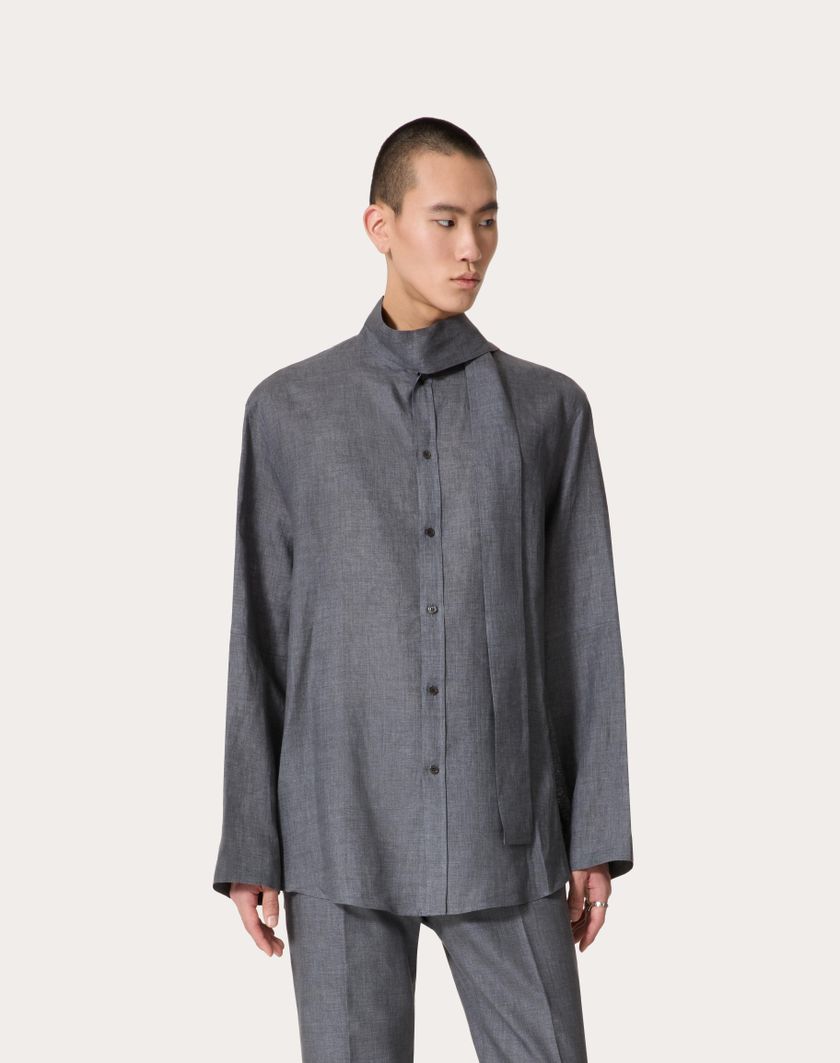 Valentino Handbags Camicia In Lino Con Collo A Sciarpa E Ricamo Vlogo Signature Per Uomo In Grigio | Valentino IT