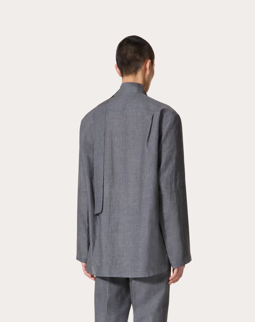 Valentino Handbags Camicia In Lino Con Collo A Sciarpa E Ricamo Vlogo Signature Per Uomo In Grigio | Valentino IT