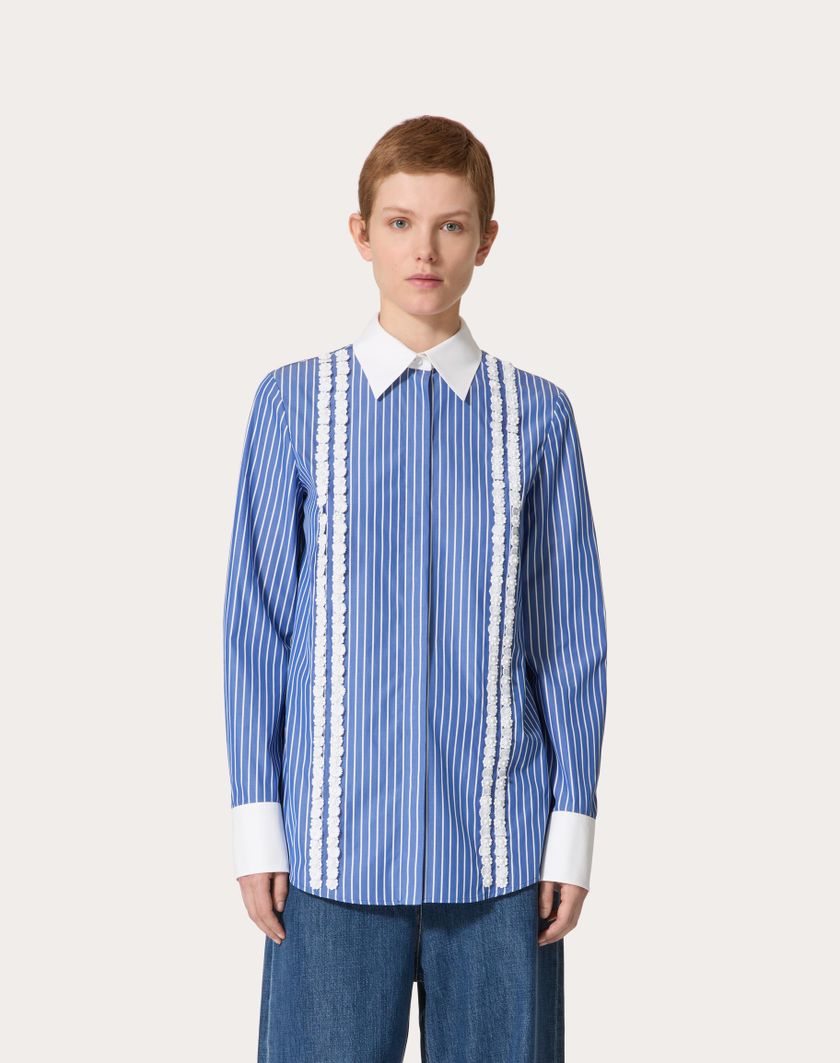 Valentino Handbags Camicia In Popeline Contrails Ricamata Per Donna In Light Blue/bianco | Valentino IT