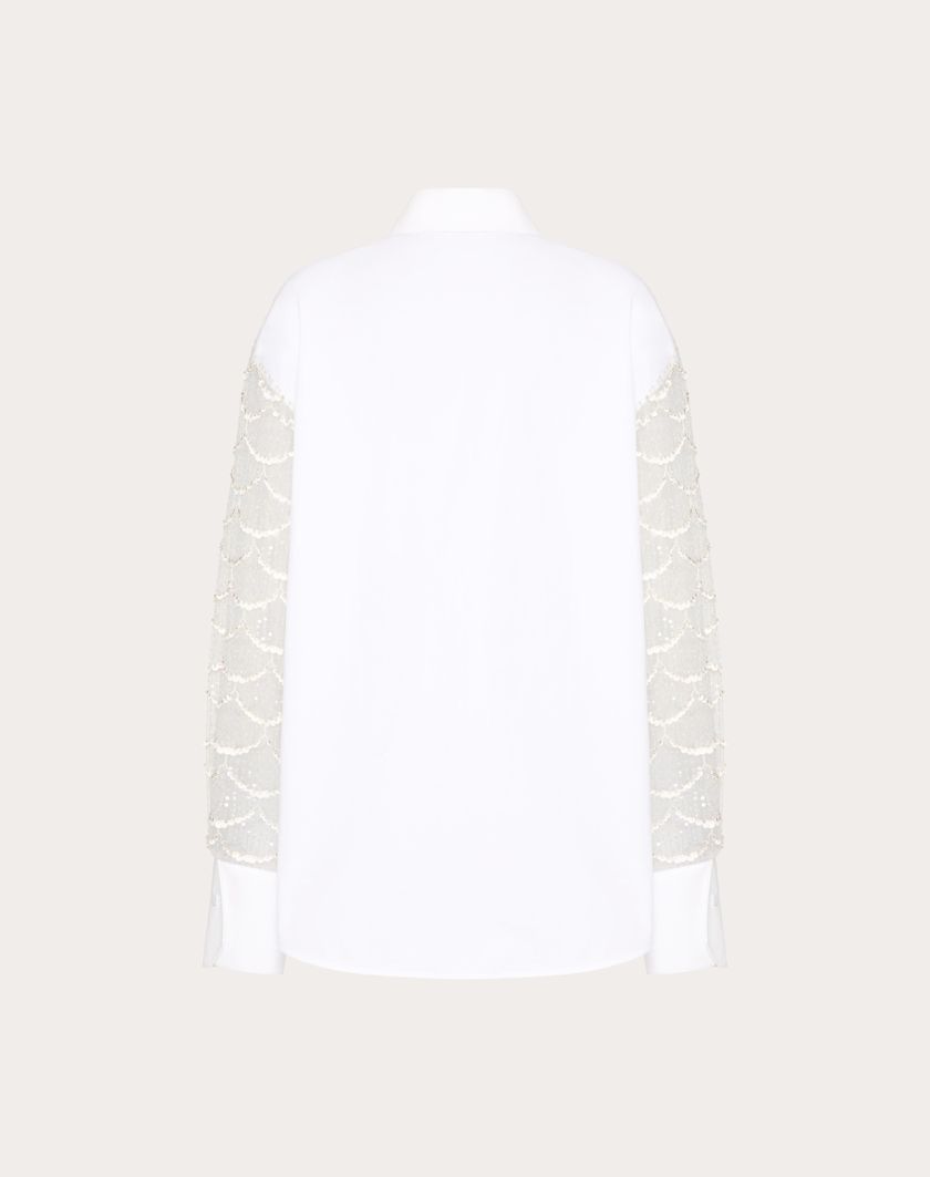 Valentino Handbags Camicia In Tulle Illusione Ricamata Per Donna In Avorio | Valentino IT