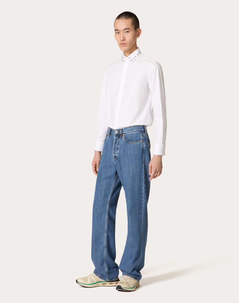 Valentino Handbags Camicia Manica Lunga In Popeline Di Cotone Con Cabochons Per Uomo In Bianco | Valentino IT