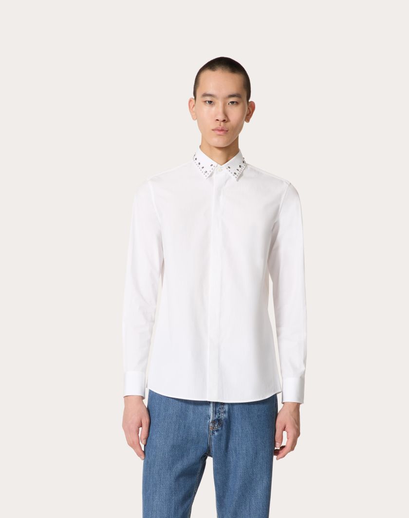 Valentino Handbags Camicia Manica Lunga In Popeline Di Cotone Con Cabochons Per Uomo In Bianco | Valentino IT