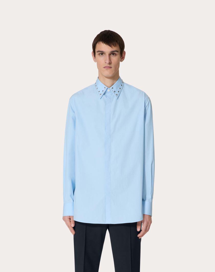 Valentino Handbags Camicia Manica Lunga In Popeline Di Cotone Con Cabochons Per Uomo In Celeste | Valentino IT