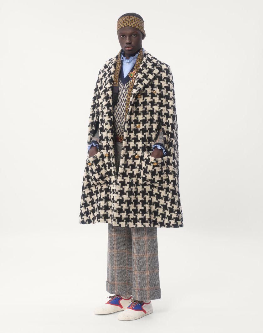 Valentino Handbags Cappa In Lana Con Motivo Pied De Coque Per Uomo In Avorio/nero | Valentino IT