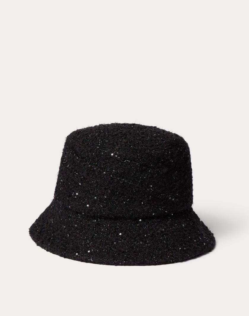 Valentino Handbags Cappello Bucket V Detail In Tweed Con Applicazione V In Metallo Cristalli Pave' Swarovski® Per Donna In Nero | Valentino IT