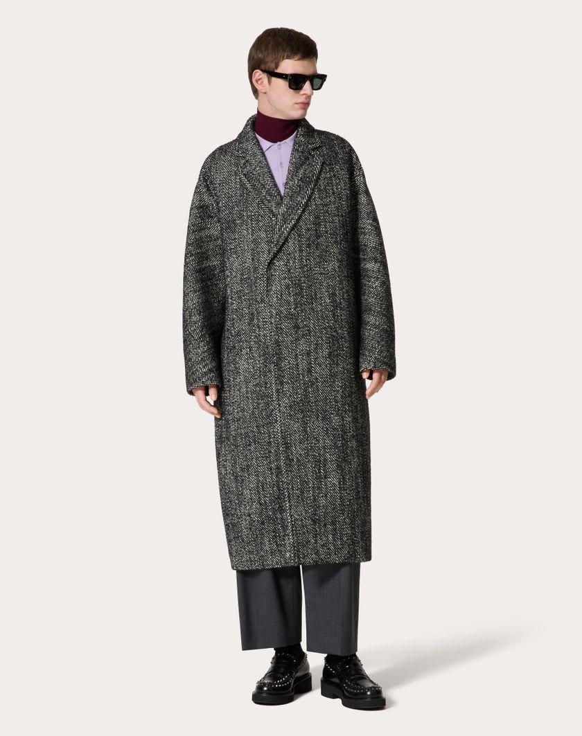 Valentino Handbags Cappotto In Lana Tecnica Con Motivo Chevron All Over Per Uomo In Bianco/ Nero | Valentino IT