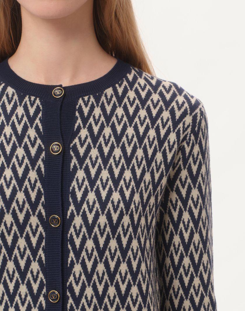 Valentino Handbags Cardigan In Lana Jacquard Toute La V Per Donna In Crema/navy | Valentino IT