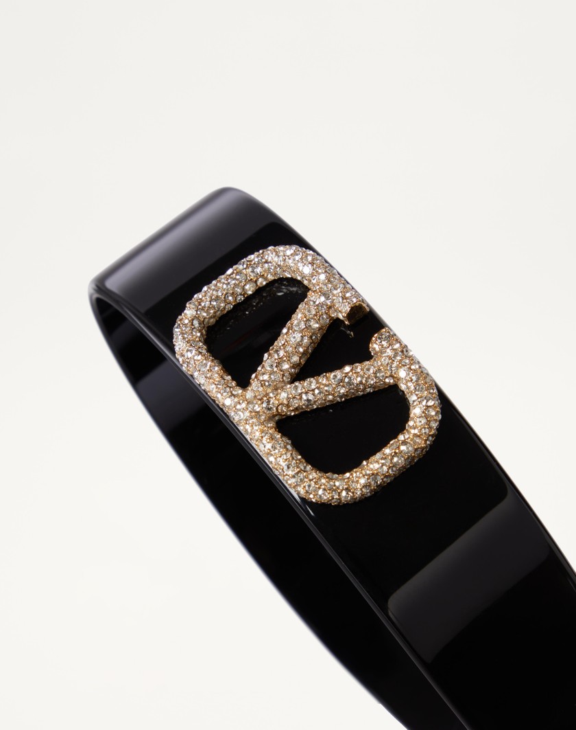 Valentino Handbags Cerchietto Vlogo Signature In Resina Metallo E Cristalli Swarovski® Per Donna In Nero/oro/crystal | Valentino IT