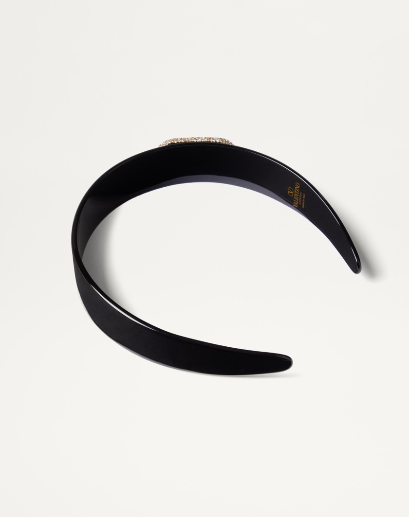 Valentino Handbags Cerchietto Vlogo Signature In Resina Metallo E Cristalli Swarovski® Per Donna In Nero/oro/crystal | Valentino IT